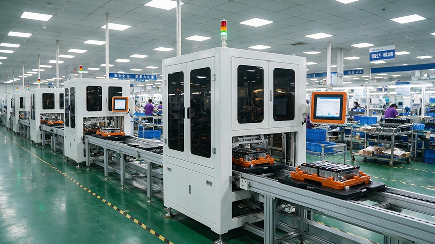 aLithium‑ion battery PACK automatic assembly workshop, speed‑chain production line, automation equipment cabinet, green epoxy floor, factory workers, new energy battery manufacturing plant industrial photography aLithium‑ion battery PACK automatic assembly workshop, speed‑chain production line, automation equipment cabinet, green epoxy floor, factory workers, new energy battery manufacturing plant industrial photography