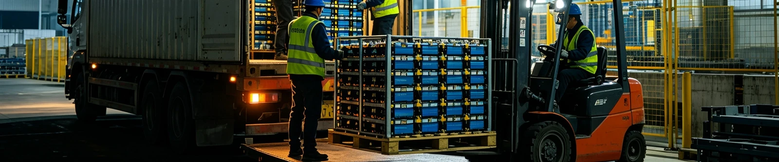 Workers used forklifts to load the packaged lithium batteries into the delivery truck Workers used forklifts to load the packaged lithium batteries into the delivery truck
